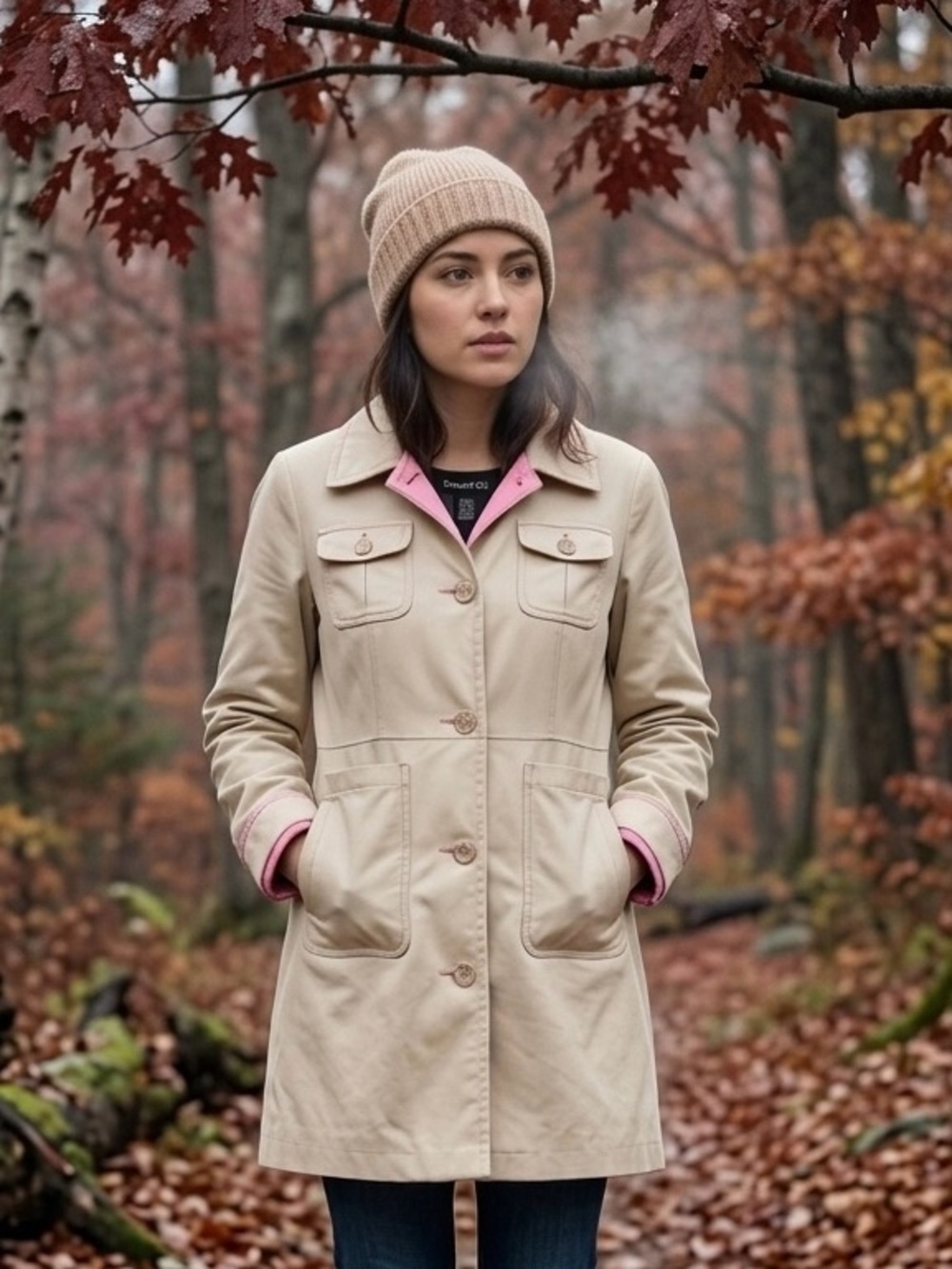 Denim & Co Y2K Safari Trench Car Coat Pink Lining L